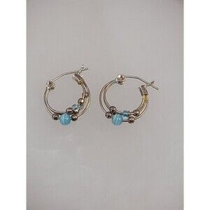 Sterling Silver Hoop Earrings 925 Small Beaded Cats eye Accent Lightweight Boho
